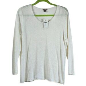 J. Jill Linen Blend Round Neck Top LP White Semi Sheer Long Sleeves Beachy NWT